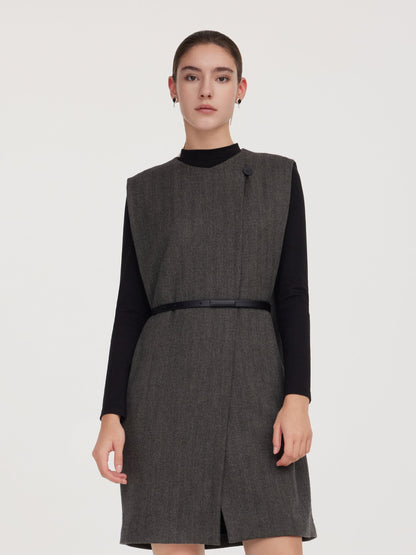 100% Wool Vest And Knit Dress Two-Piece Set With Belt