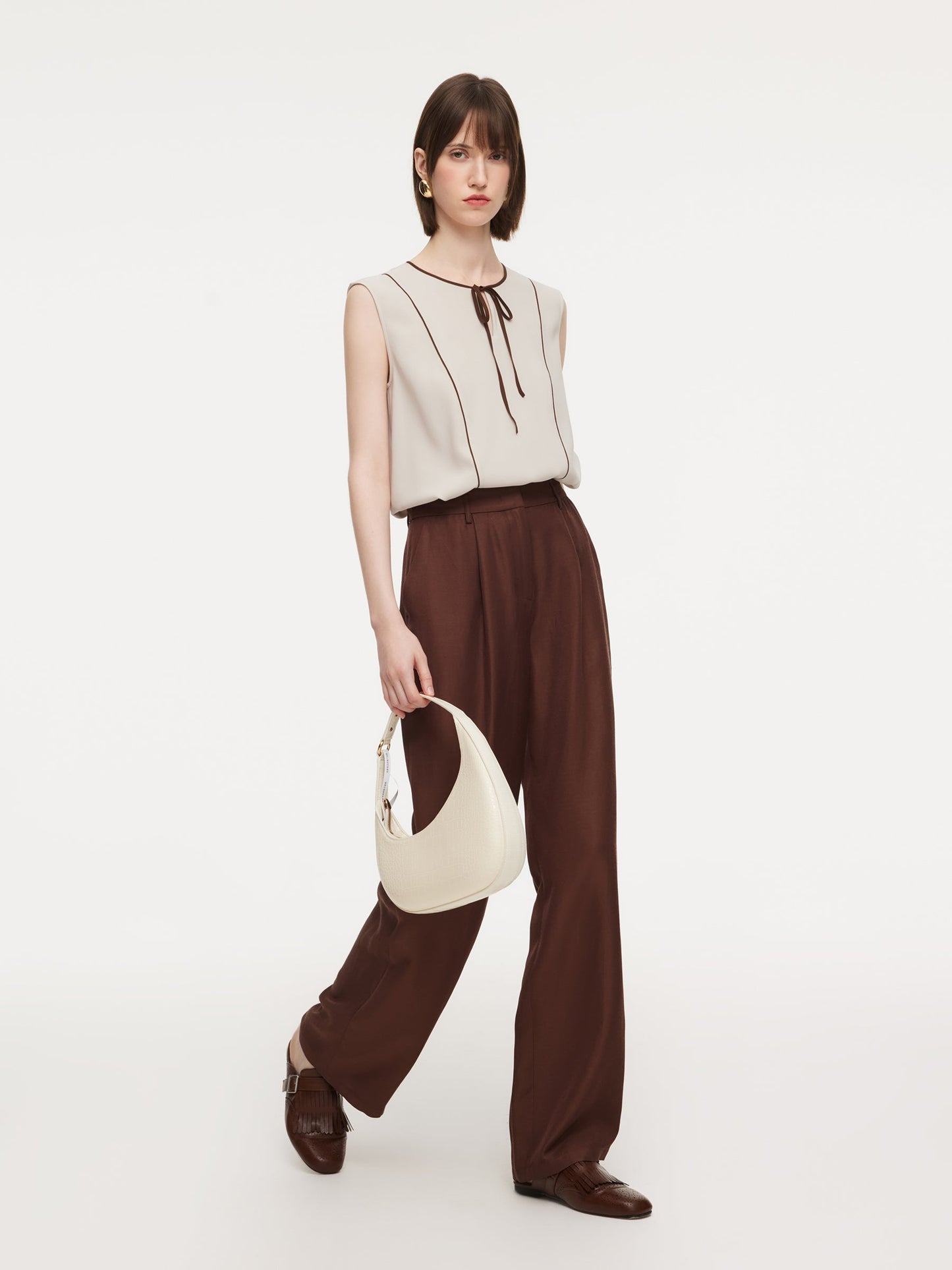 Acetate Blend Tie Front Contrast Trim Women Tank Top