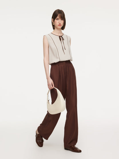 Acetate Blend Tie Front Contrast Trim Women Tank Top
