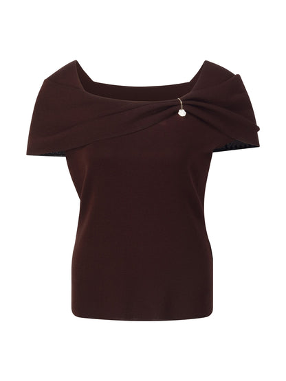 Lyocell Blend Off Shoulder Women Knit Top With Detachable Magnetic Flower