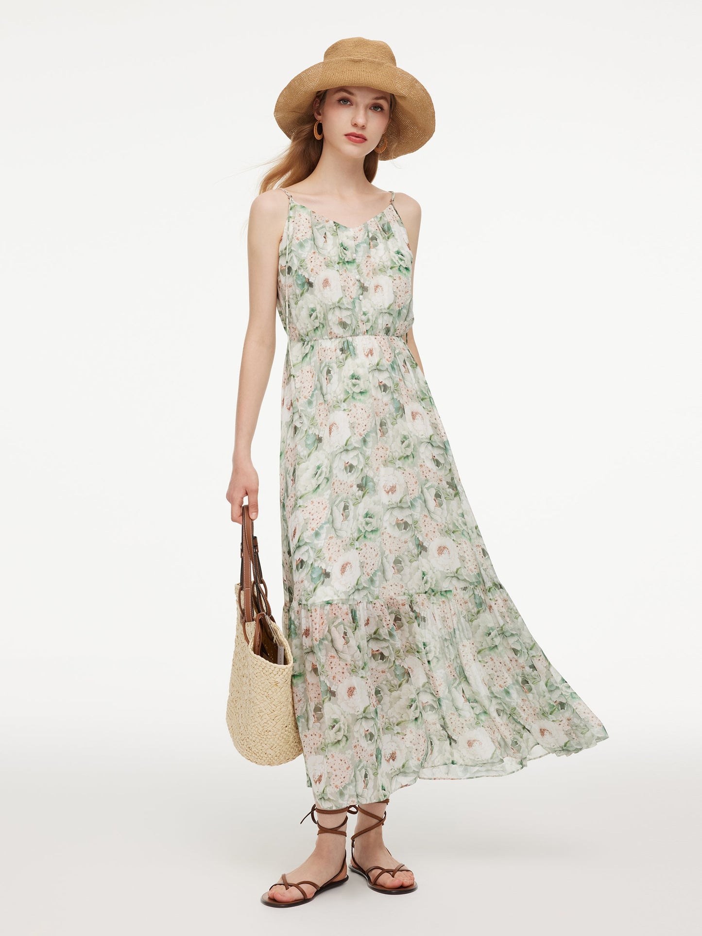 10MM Mulberry Silk Floral Print Women Strap Maxi Dress