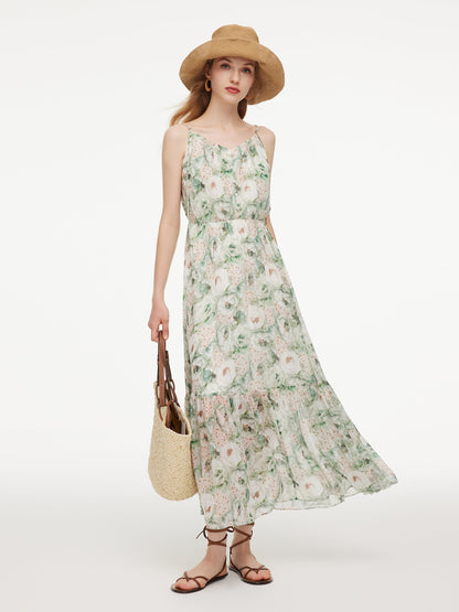 10MM Mulberry Silk Floral Print Women Strap Maxi Dress