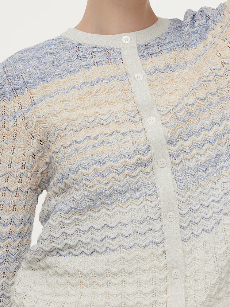 Cotton Blue And White Gradient Stripe Women Cardigan