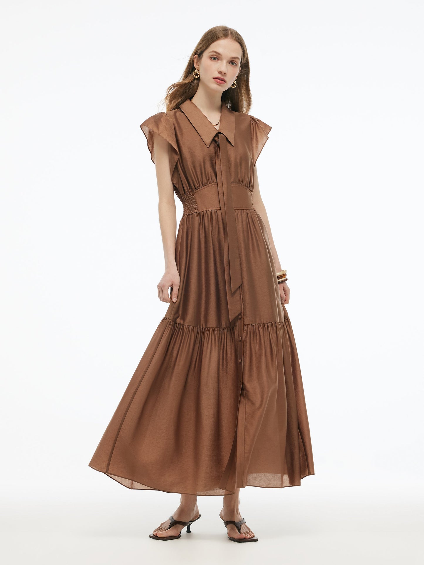 Tencel Blend Women Ruffle Cap Sleeve Maxi Dress With Sash