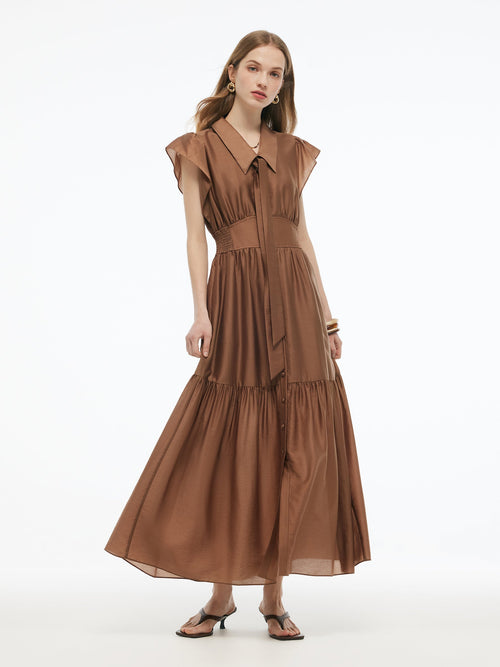 Tencel Blend Women Ruffle Cap Sleeve Maxi Dress With Sash