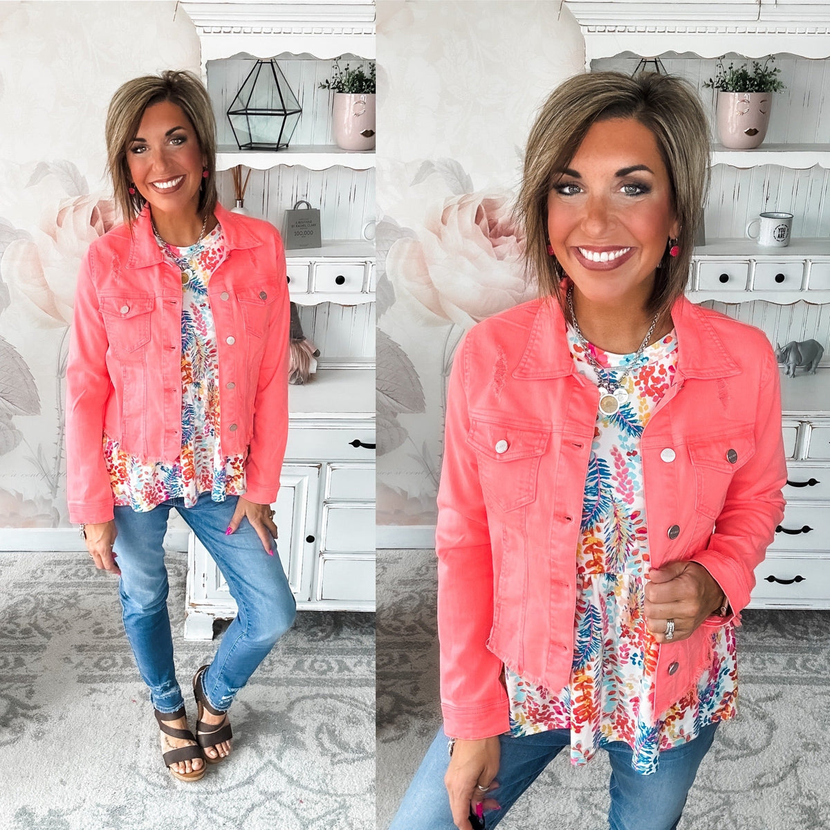 Make Me Happy Fray Hem Color Jean Jacket - Coral