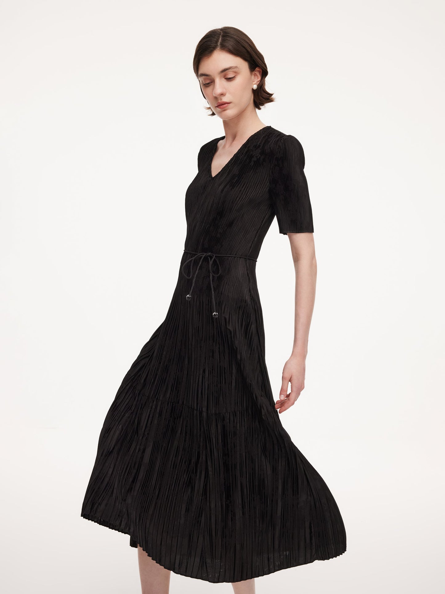 Satin Jacquard Women Pleated Maxi Dress With Self-Tie Belt