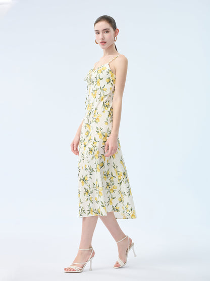 Cotton Lemon Print Strap Dress And Cardigan Two-Piece Set