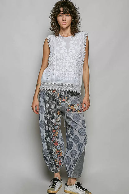 POL Allover Botanical Embroidered Scalloped Lace Sleeveless Top
