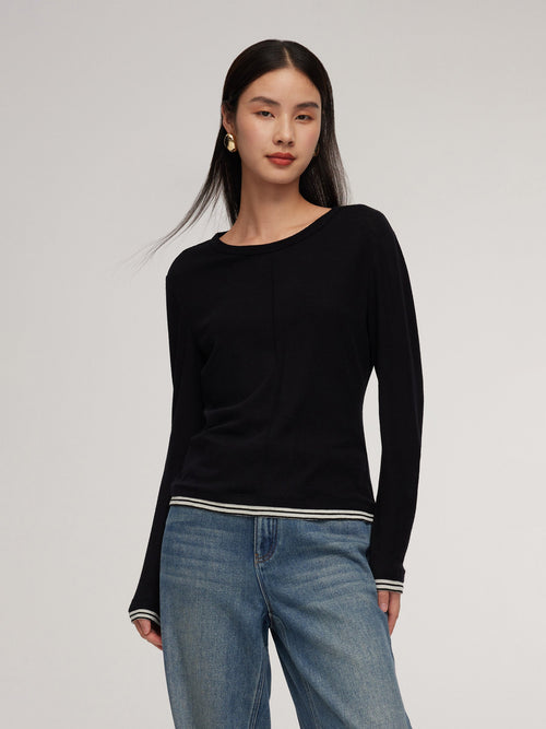 100% Wool Contrast Trim Women Knit Top