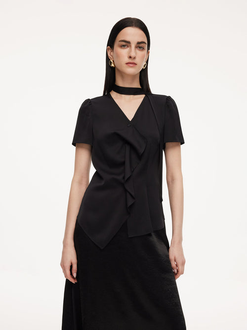 22MM Mulberry Silk Asymmetrical Hem Women Blouse With Ribbon