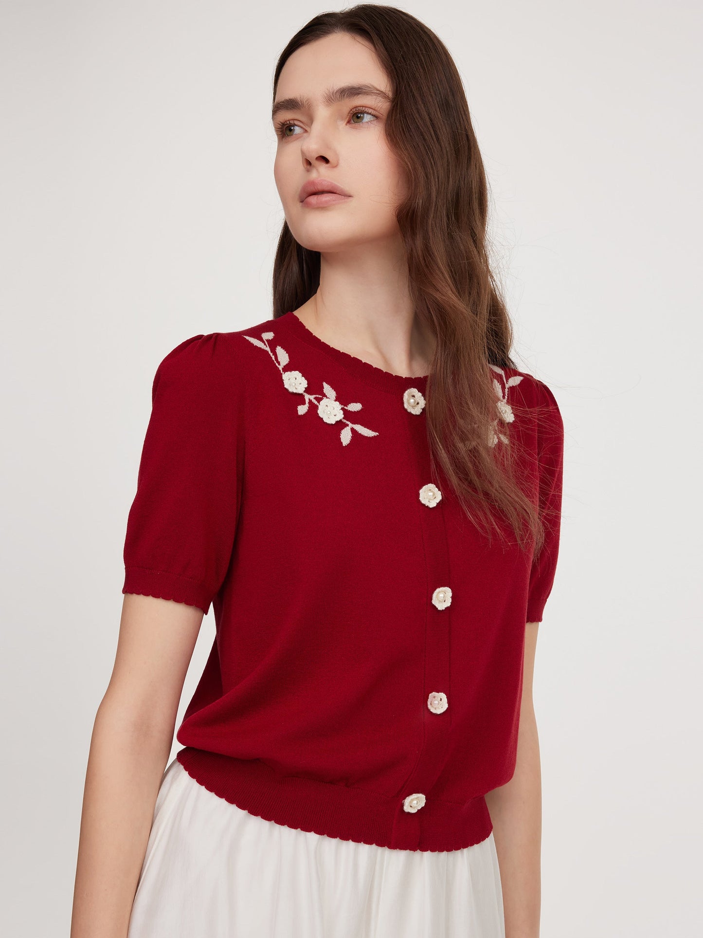 Lyocell Blend Jacquard Women Knit Top With Detachable Knit Flowers