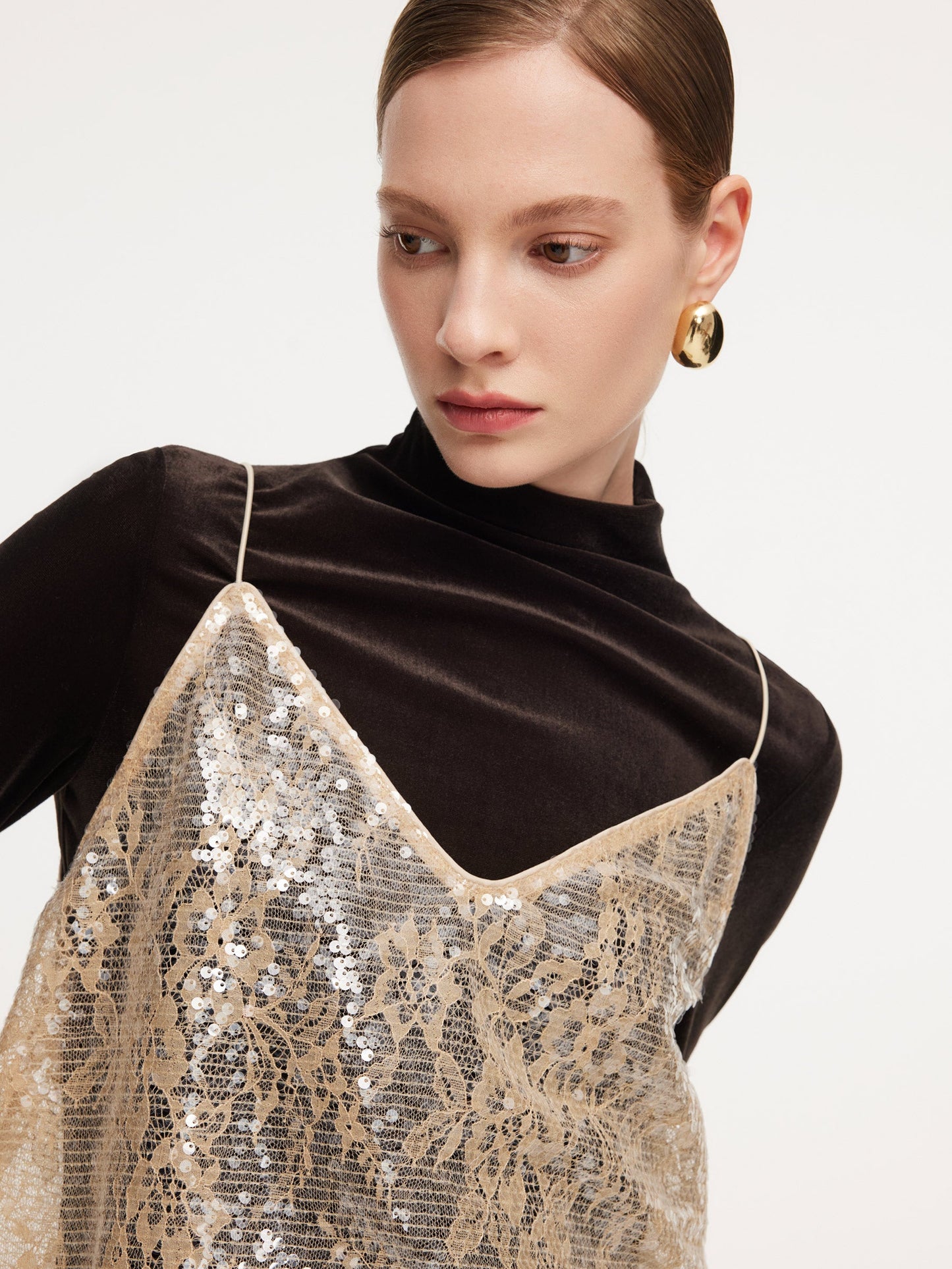 Lace Sequins Camisole And Velvet Knit Top Two-Piece Set