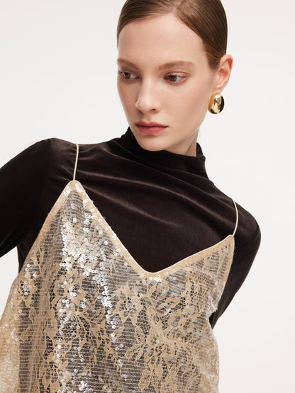 Lace Sequins Camisole And Velvet Knit Top Two-Piece Set