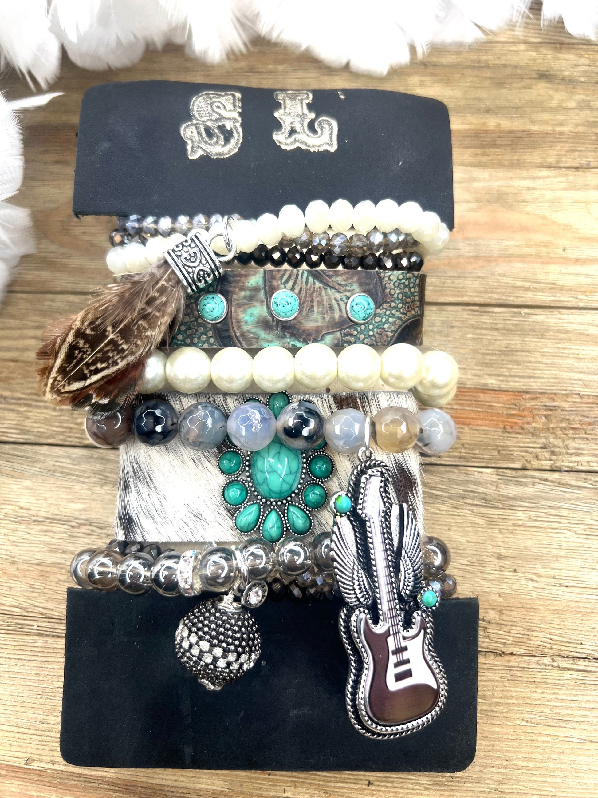 Western Rocker Bracelet Stack Tower | Turquoise Guitar, Disco Ball & Cowhide Layered Bracelet Set by Sandra Ling Designs