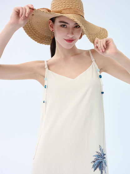 Tencel Linen Blend Floral Print Women Strap Maxi Dress