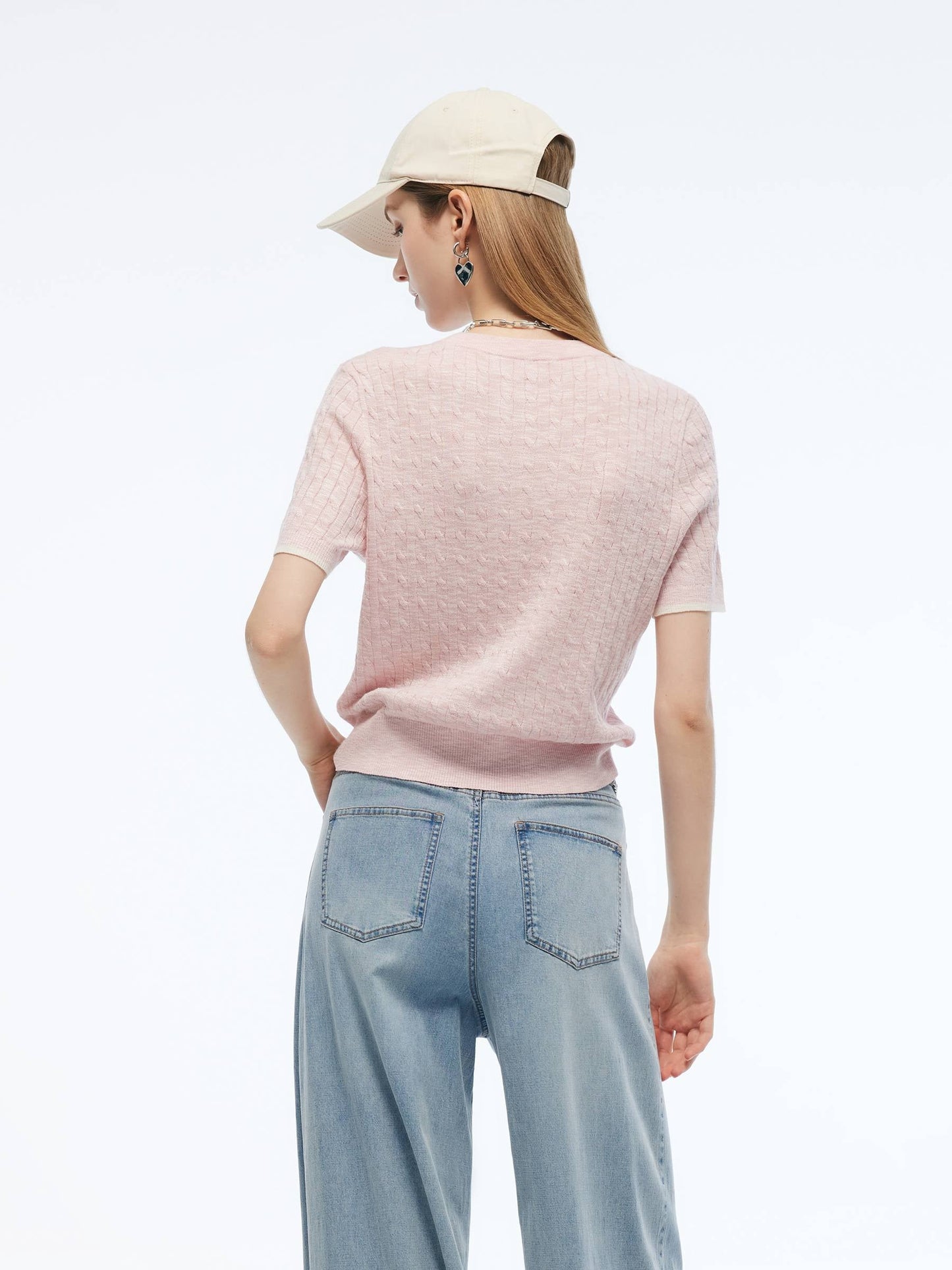 Round Neck Women Cable Knit T-Shirt