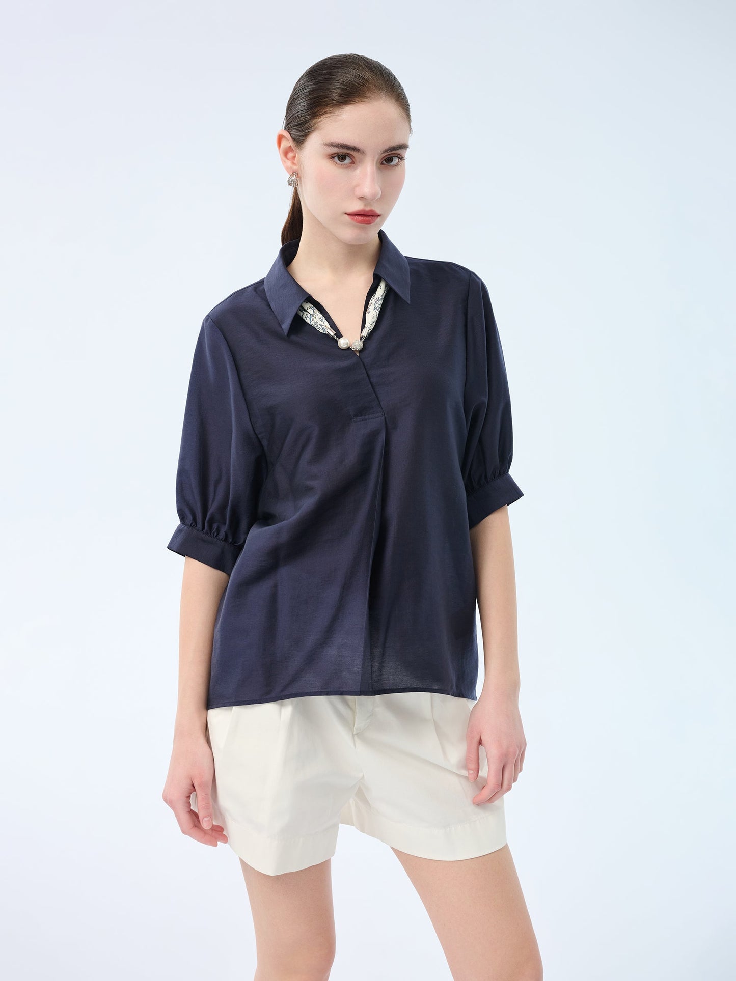 Tencel Blend Loose Fit Women Blouse With Silk Scarf