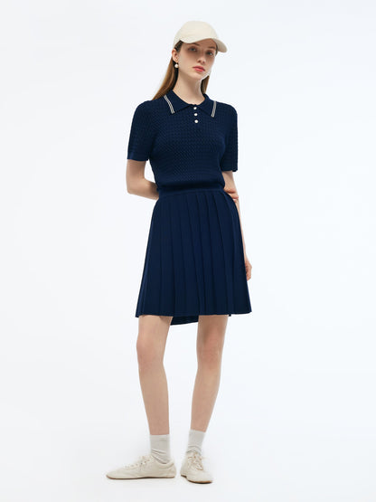 Lyocell Blend Polo Knit Top And Pleated Skirt Two-Piece Set