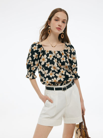 Cotton Floral Print Convertible Neckline Women Tunic Top