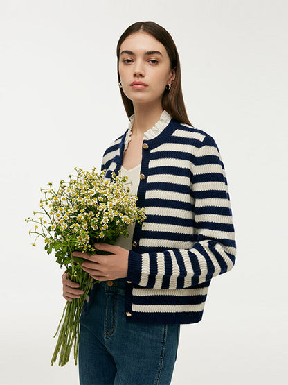 Blue And White Stripe Women Cardigan With Detachable Ruffle Collar