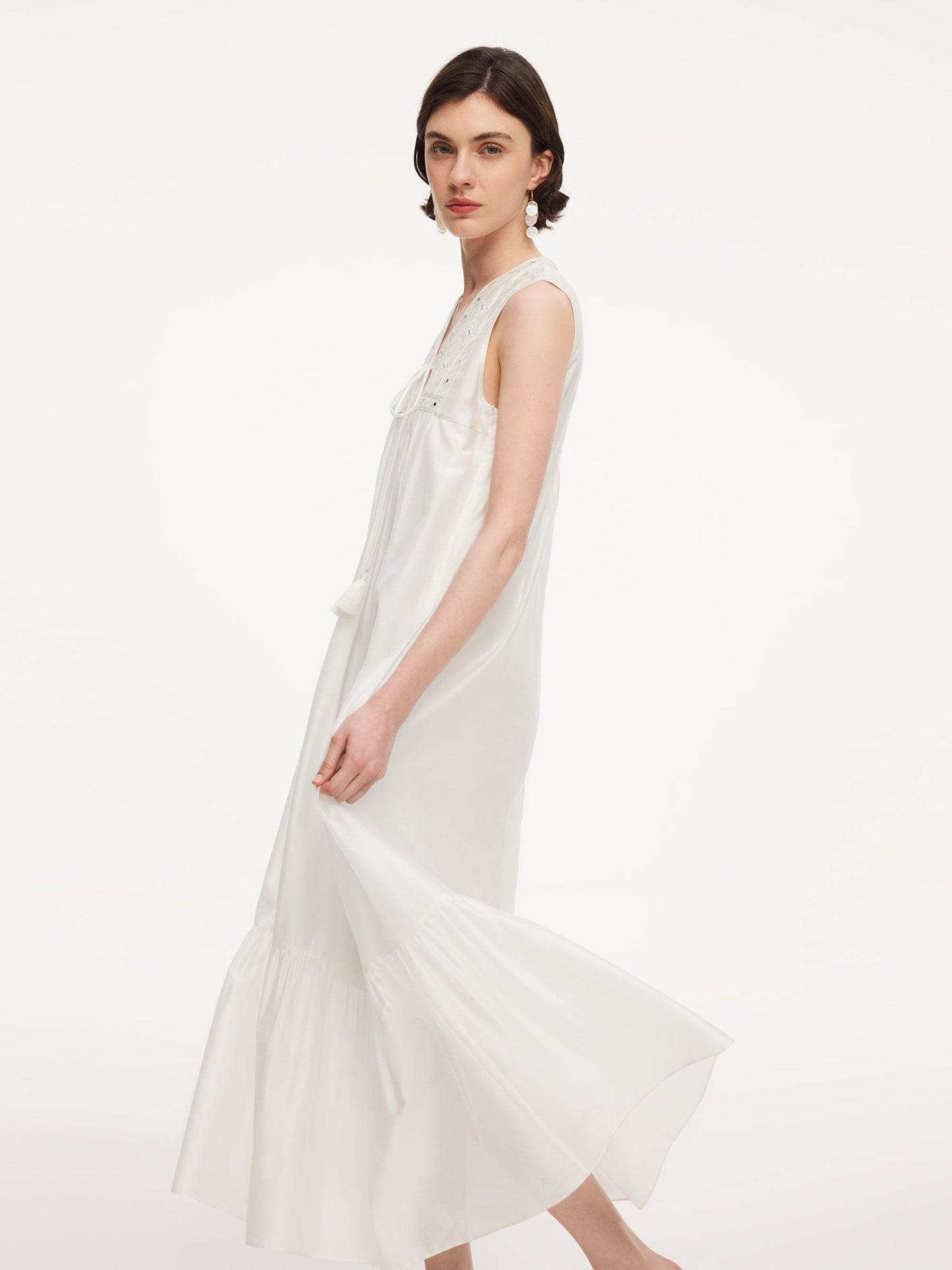 Tencel Blend Embroidered Women Sleeveless Maxi Dress