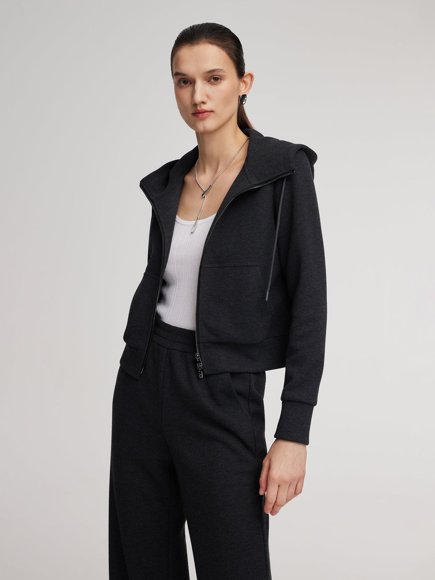 Drawstring Hooded Zip-Up Jacket And Pants Two-Piece Set