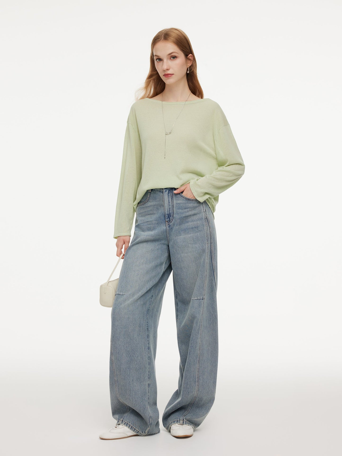 Triacetate Linen Cotton Blend Boat Neck Women Lightweight Knit Top