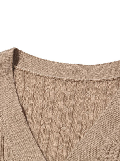 Camel Pure Cashmere V-Neck Cable Knit Women Cardigan