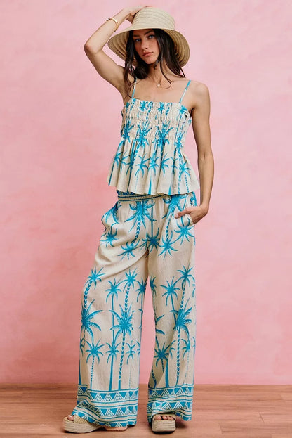 SO ME Palm Tree Smocked Bodice Adjustable Cami Top