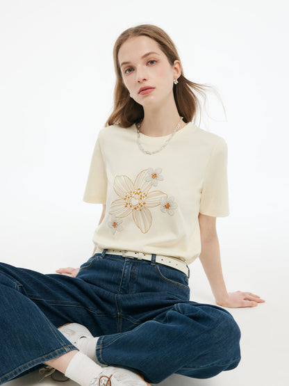 Flower Print Women Knit T-Shirt