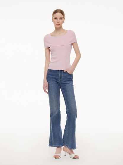 Lyocell Blend Off Shoulder Women Knit Top With Detachable Magnetic Flower