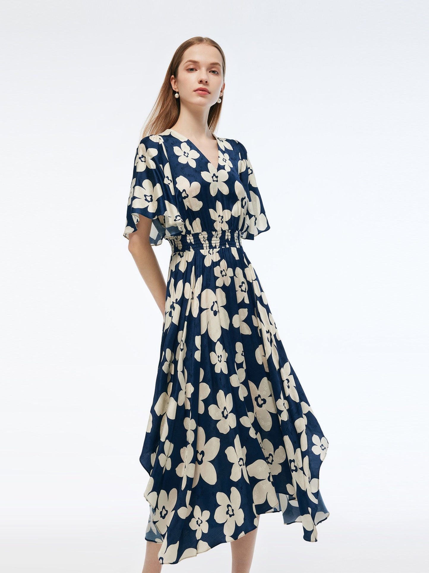 Batwing Sleeve V-Neck Women Asymmetric Hem Maxi Dress