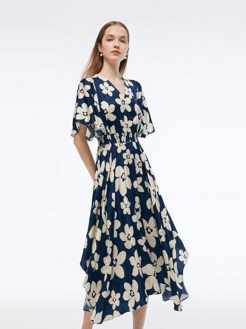 Batwing Sleeve V-Neck Women Asymmetric Hem Maxi Dress