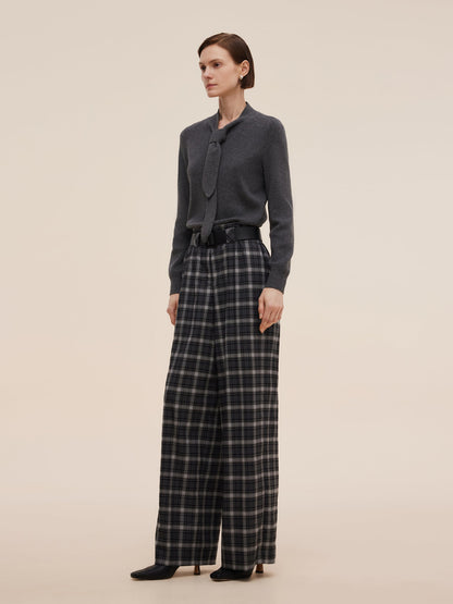 Plaid Loose Wide Leg Women Pants With Leather Belt