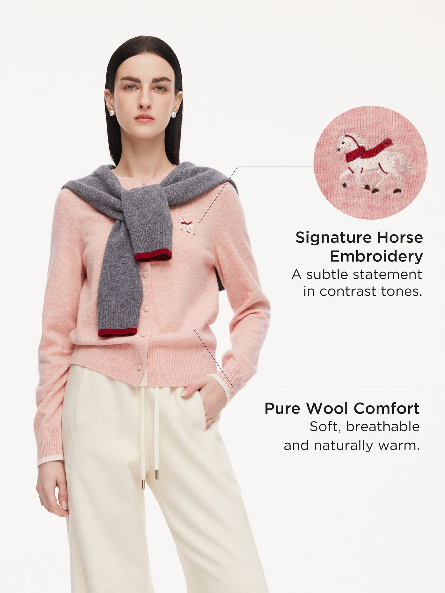 100% Wool Color Block Pony Embroidered Women Cardigan