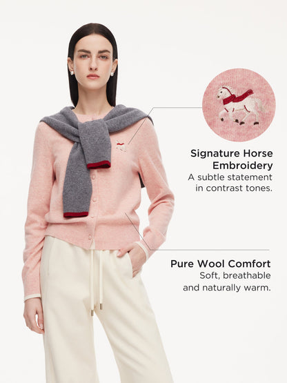 100% Wool Color Block Pony Embroidered Women Cardigan