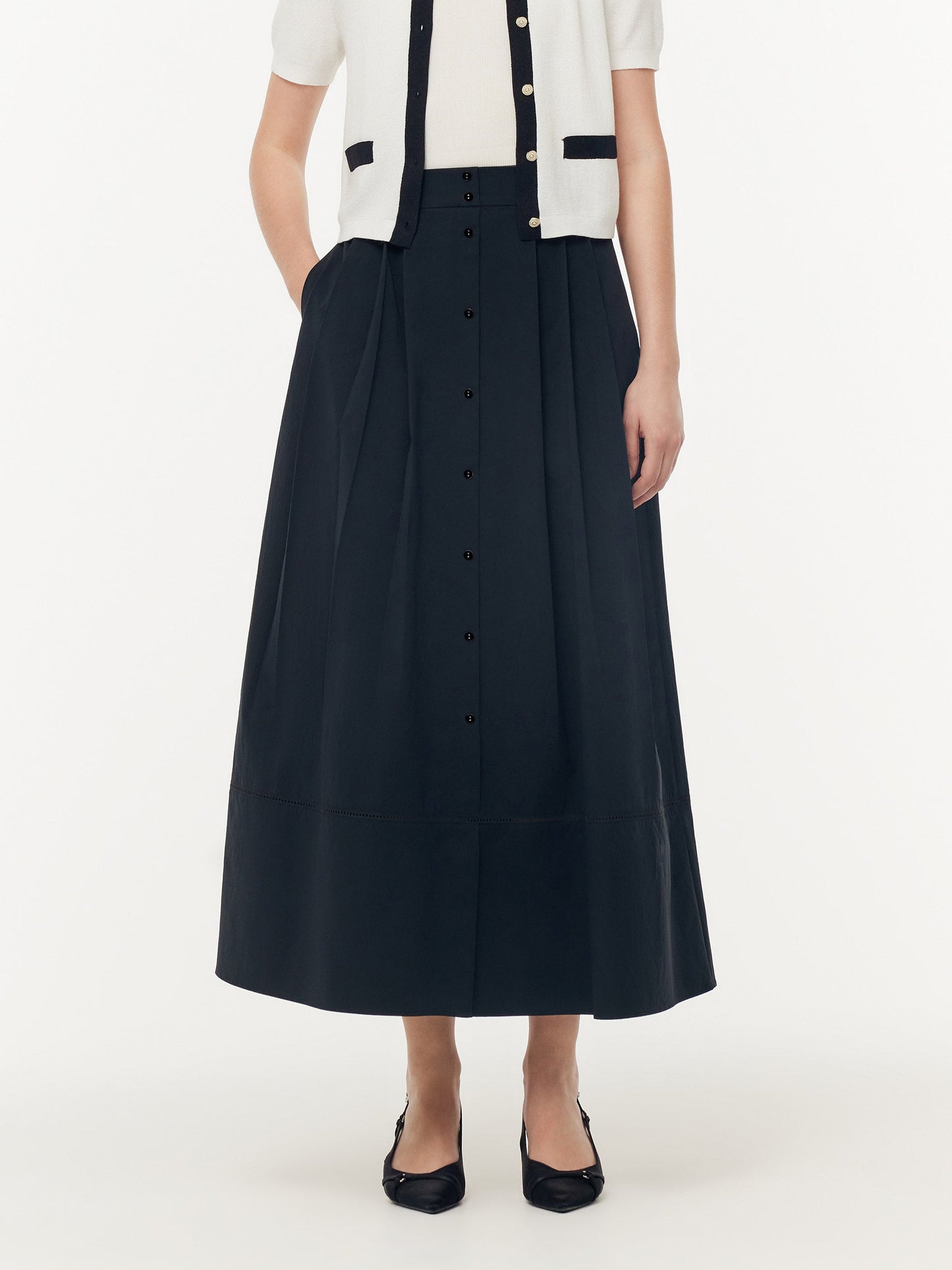 A Line Elastic Waist Pleat Women Maxi Skirt