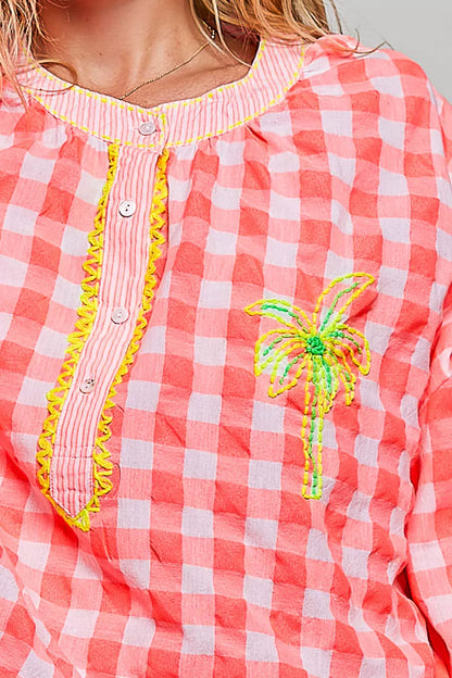 POL Gingham Embroidered Palm Tree Blouse