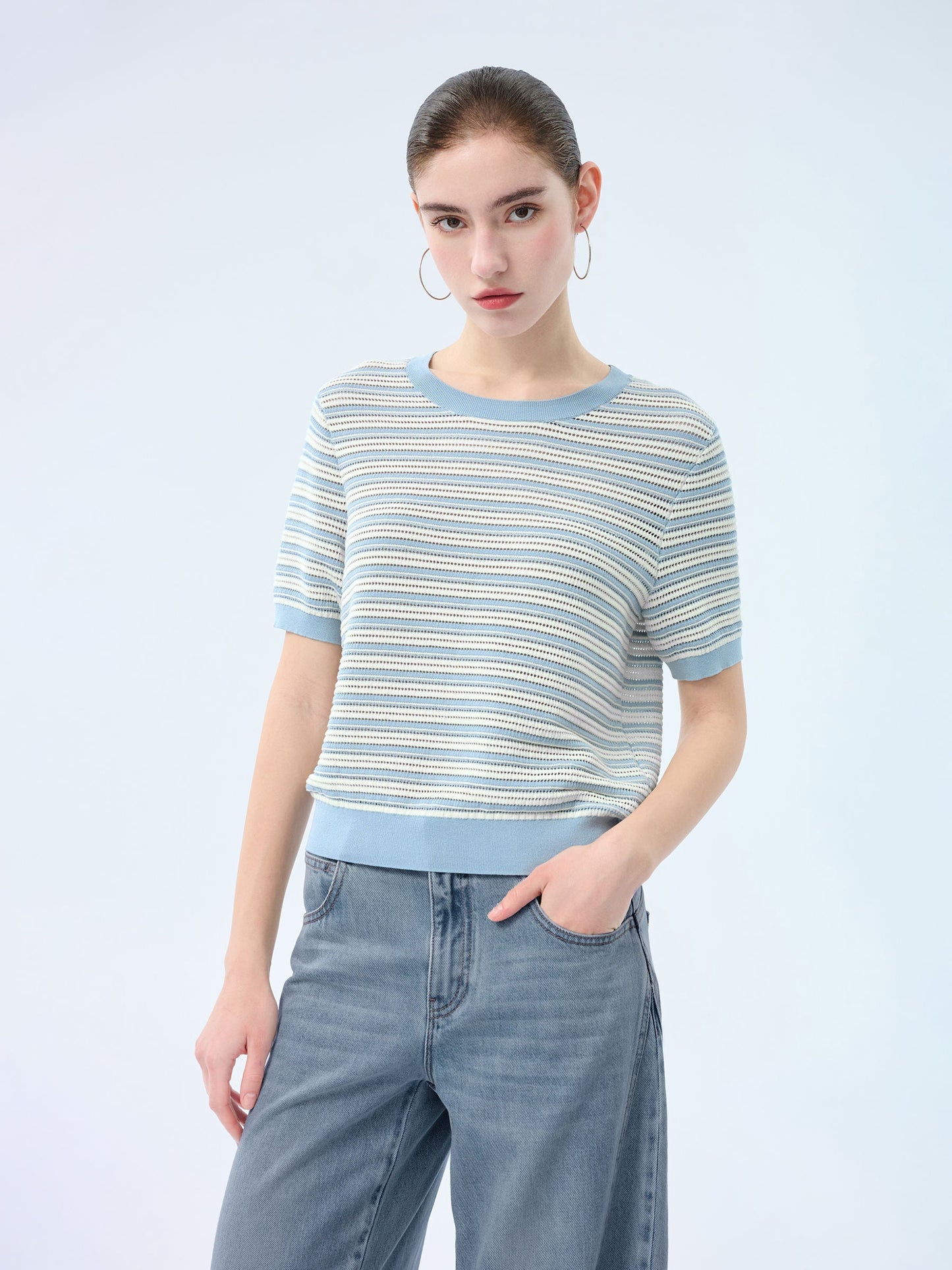 Lyocell Blend Blue And White Stripe Women Knit Top