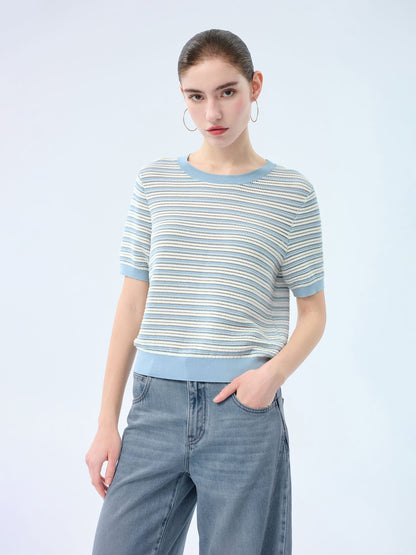 Lyocell Blend Blue And White Stripe Women Knit Top