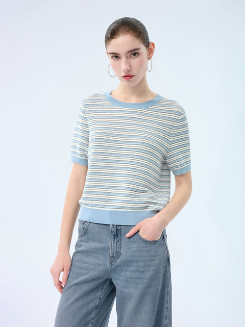 Lyocell Blend Blue And White Stripe Women Knit Top