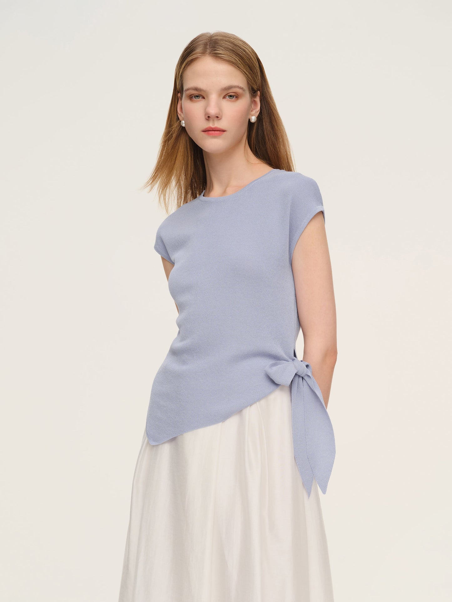 Tencel Blend Asymmetrical Hem Women Knit Top With Ribbon