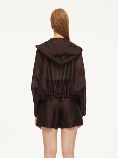 Tencel Linen Blend Women Sheer Hooded Jacket