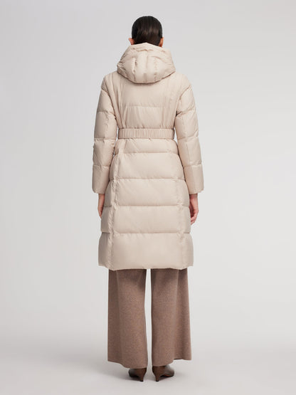 Windproof Hooded Goose Down Coat With Belt