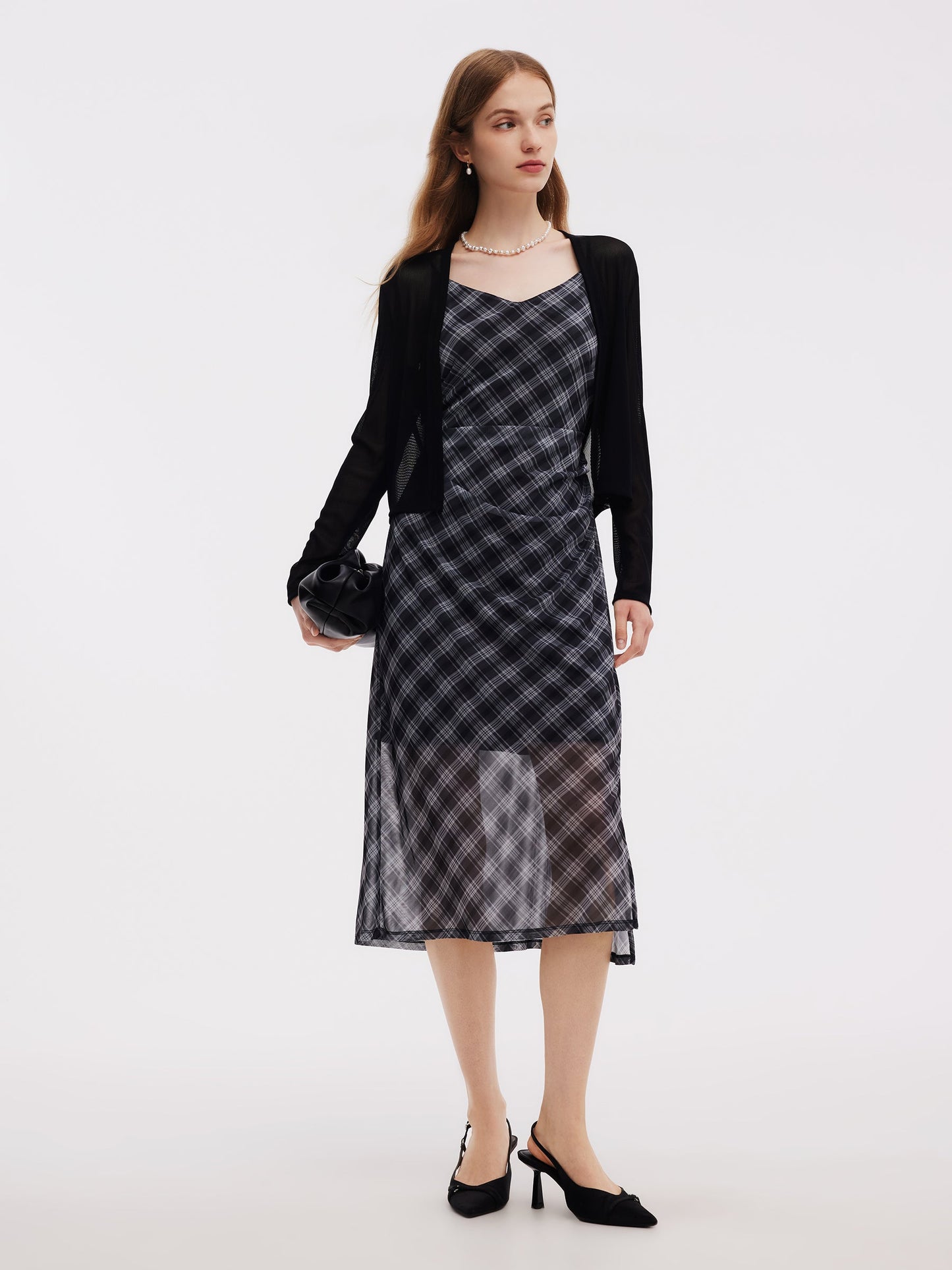 Plaid Adjustable Straps Slip Midi Dress And Cardigan Two-Piece Set