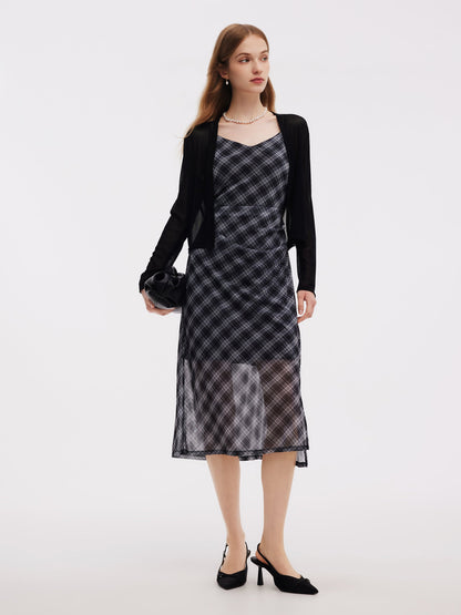 Plaid Adjustable Straps Slip Midi Dress And Cardigan Two-Piece Set