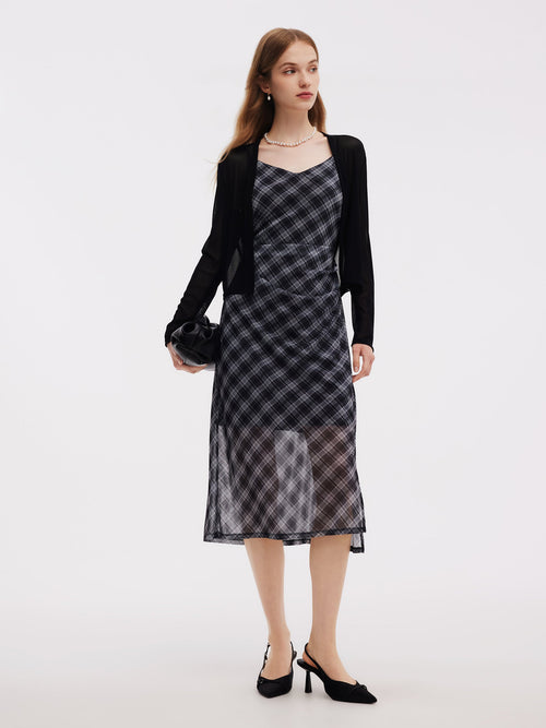 Plaid Adjustable Straps Slip Midi Dress And Cardigan Two-Piece Set