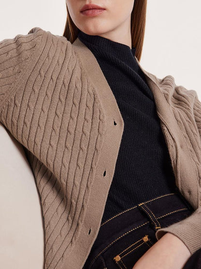 Camel Pure Cashmere V-Neck Cable Knit Women Cardigan