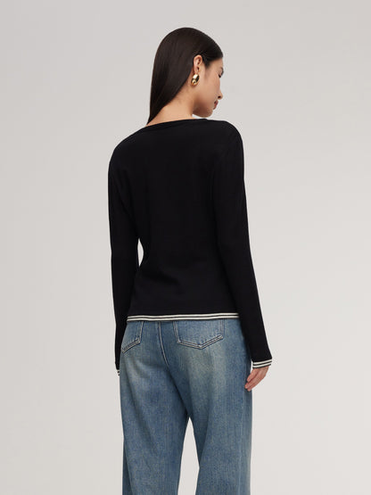 100% Wool Contrast Trim Women Knit Top
